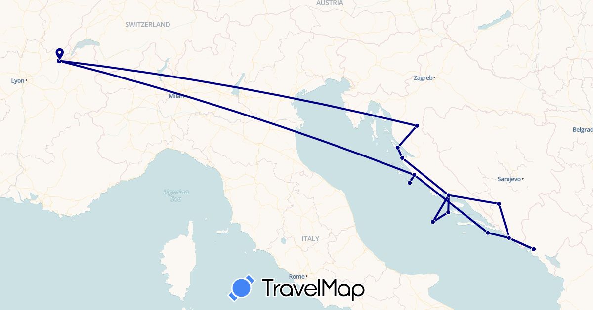 TravelMap itinerary: driving in Bosnia and Herzegovina, France, Croatia, Montenegro (Europe)